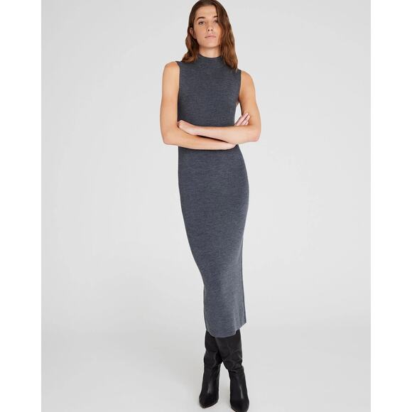 Club Monaco Merino Ribbed Mockneck Dress, Grey, 90% wool, current season, small - Picture 1 of 9